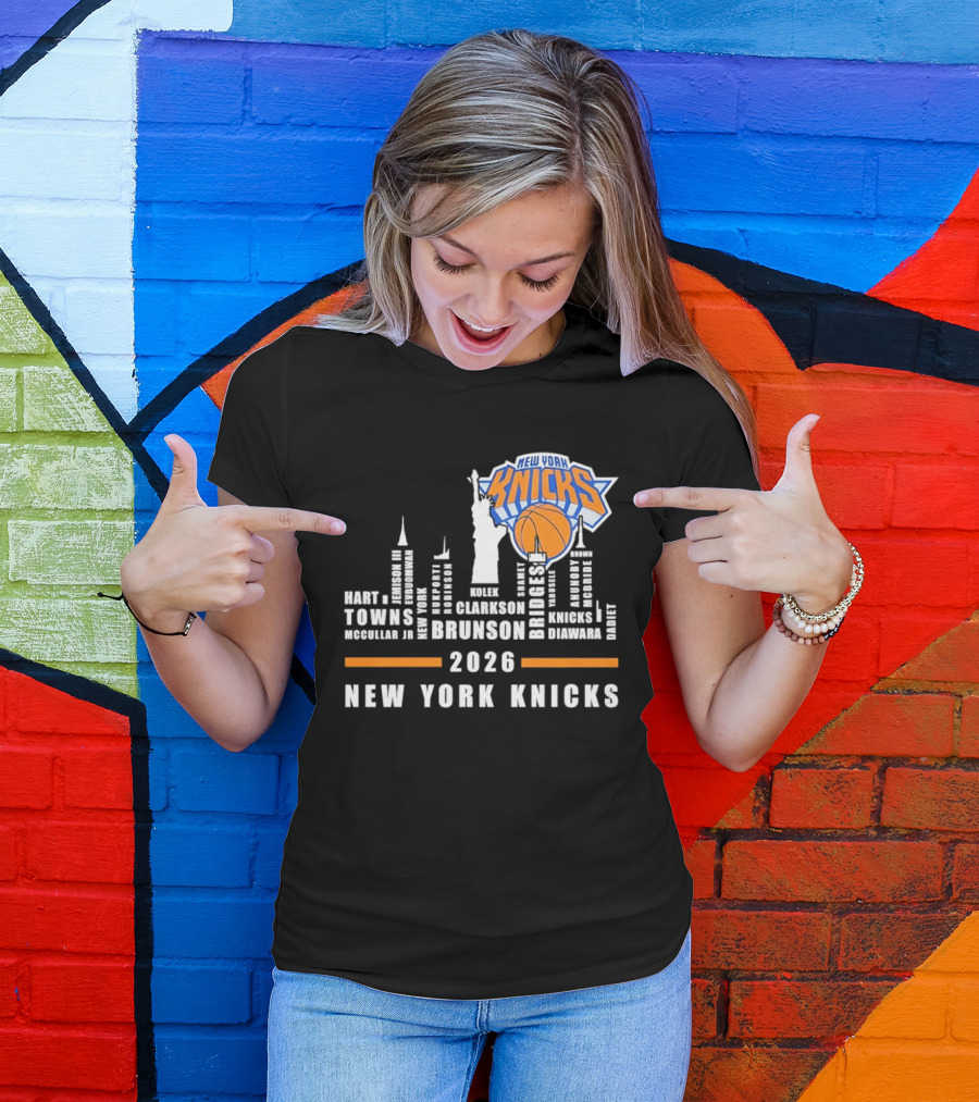 New York Knicks 2026 Jalen Brunson Mikal Bridges NBA Manhattan Skyline T-Shirt