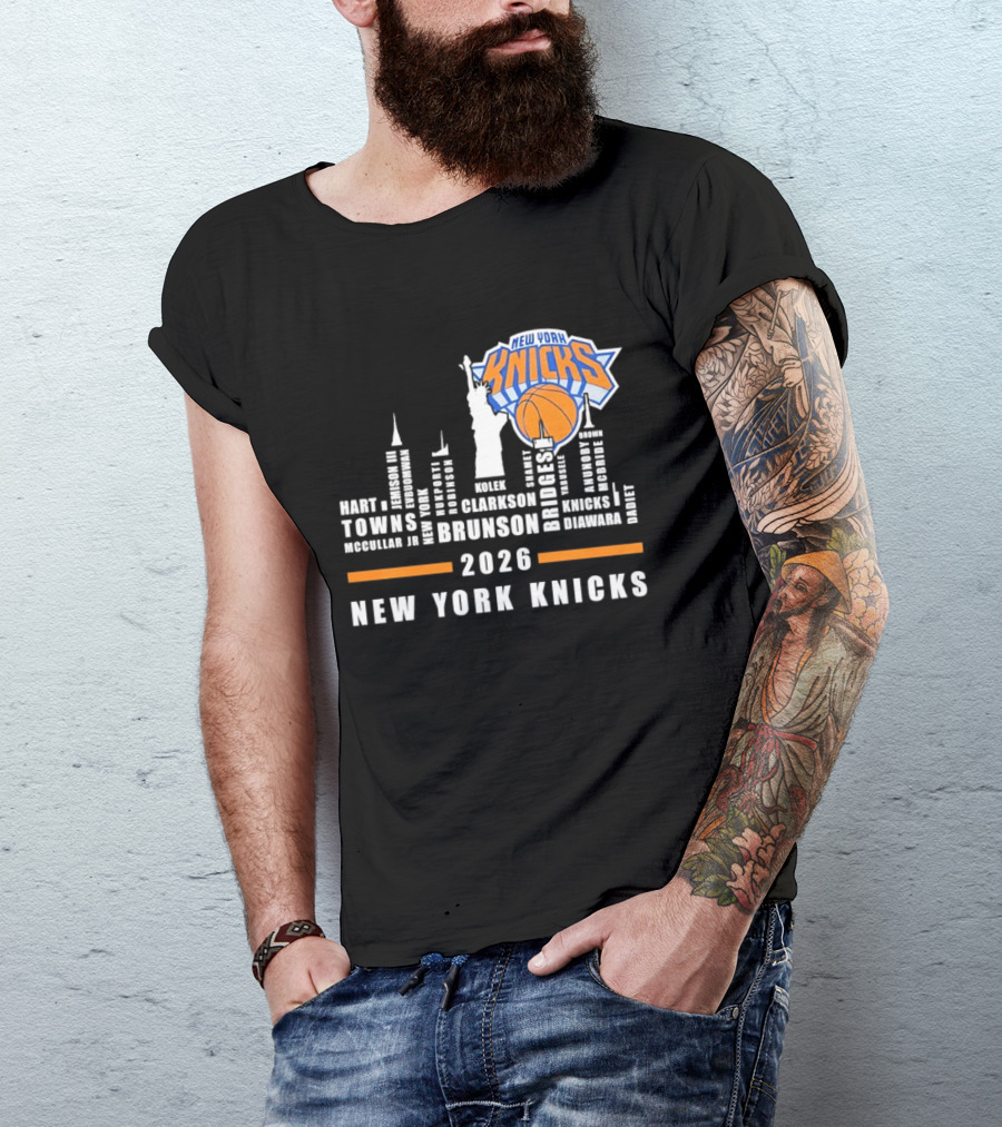 New York Knicks 2026 Jalen Brunson Mikal Bridges NBA Manhattan Skyline T-Shirt