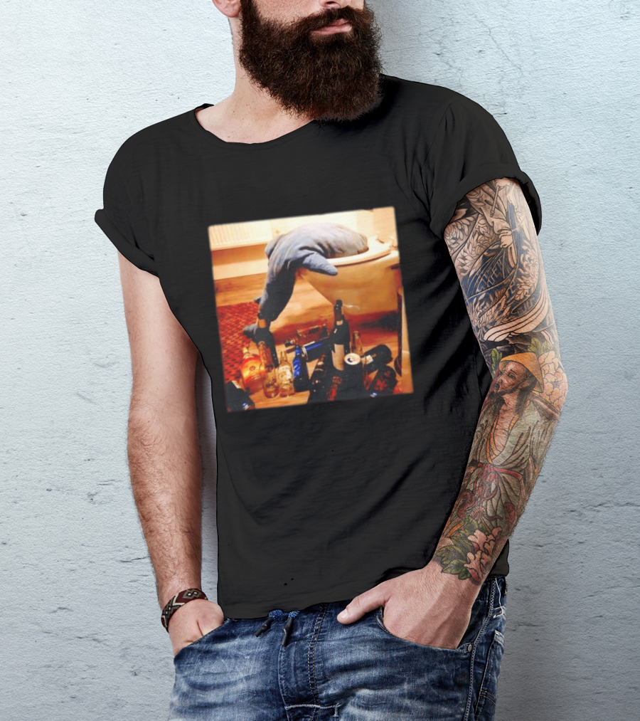 Shark Over Toilet With Alcohol Bottles Party Aftermath T-Shirt