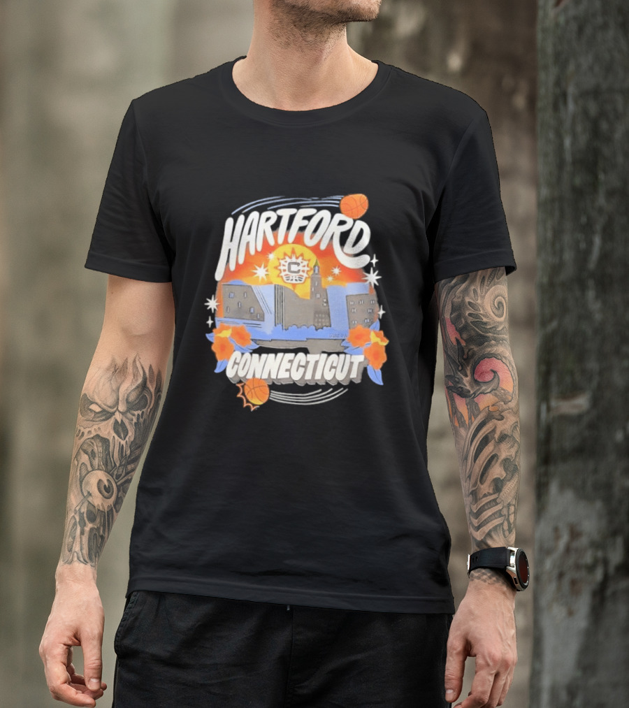 Hartford Connecticut Sun Basketball Skyline With Flowers And Basketballs T-Shirt