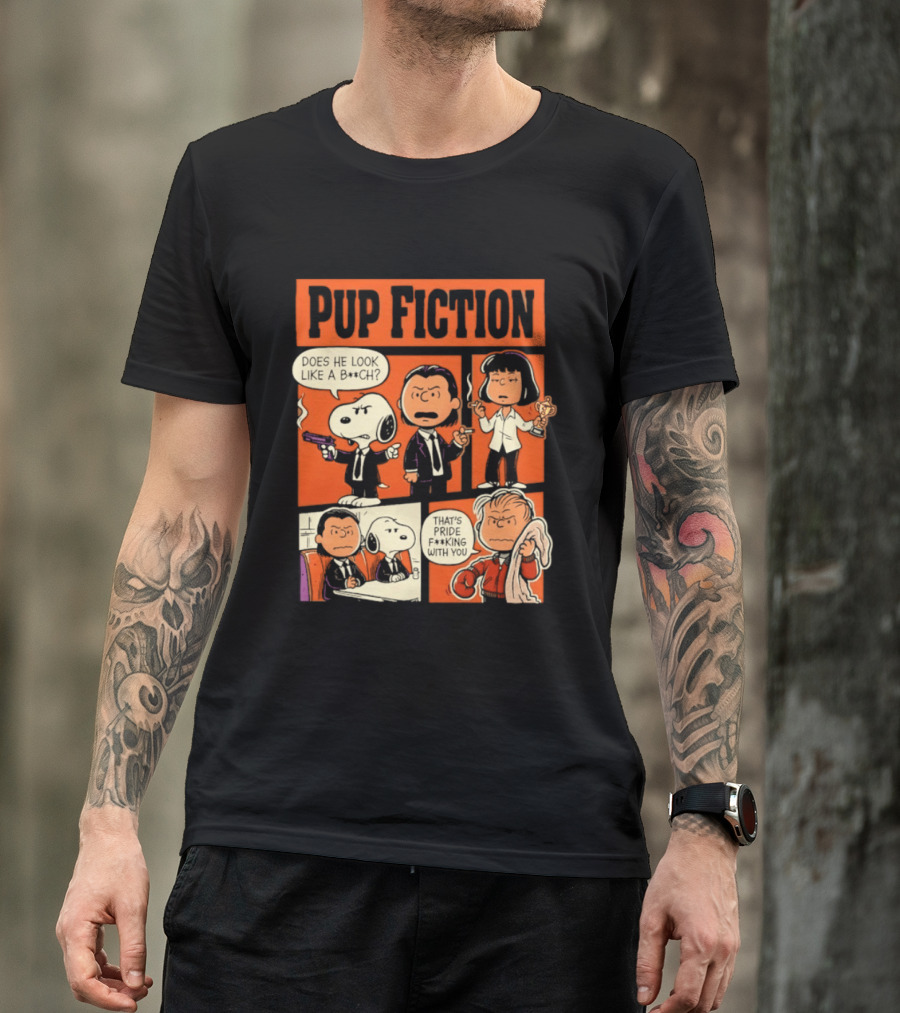 Peanuts Pup Fiction Does He Look Like A Bitch Snopy And Franklin Vincent Jules Mia T-Shirt