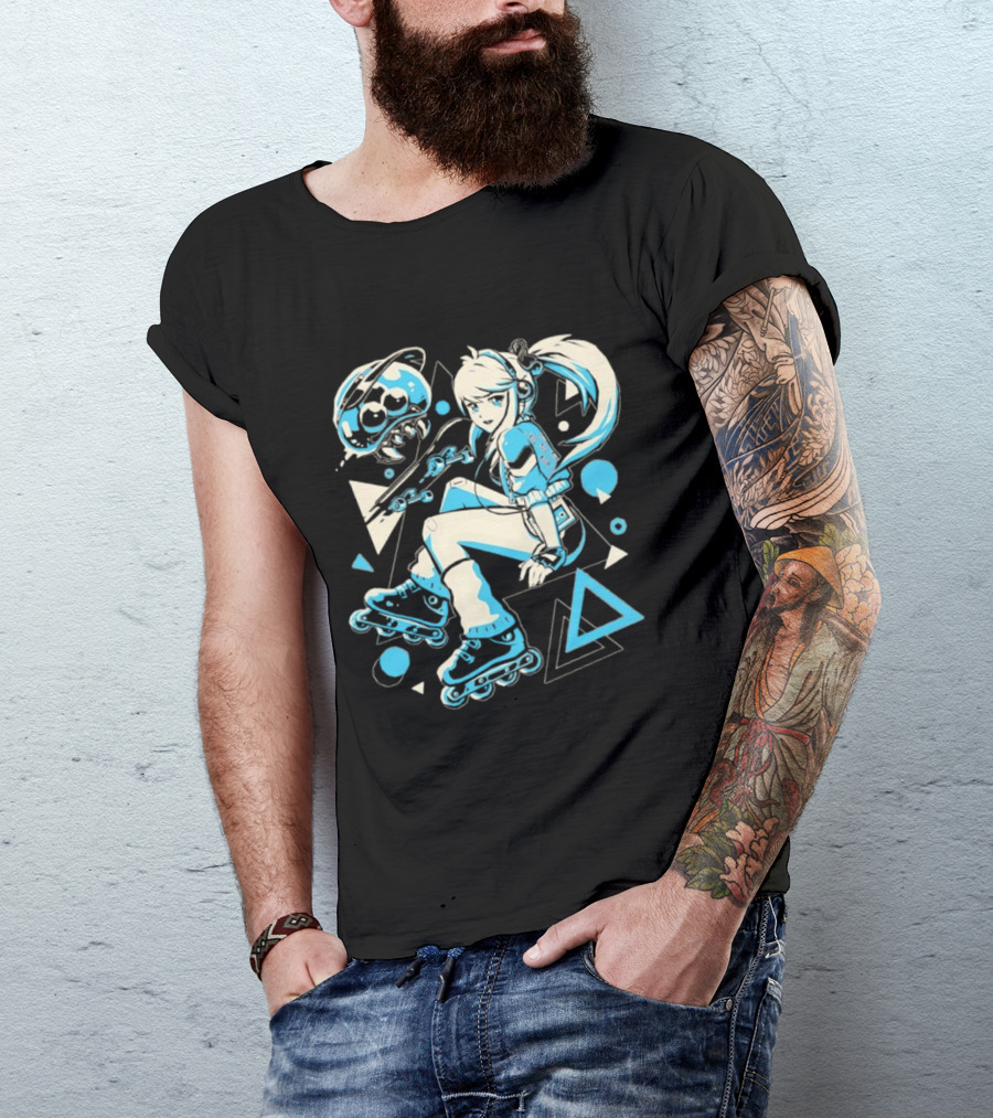 Samus Aran Metroid Rollerblades Skateboard Retro Gaming T-Shirt