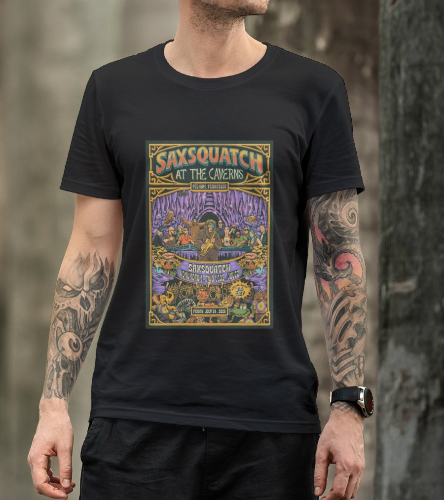 Saxsquatch At The Caverns Pelham Tennessee July 24 2026 Konundrum Two Egos Julez T-Shirt
