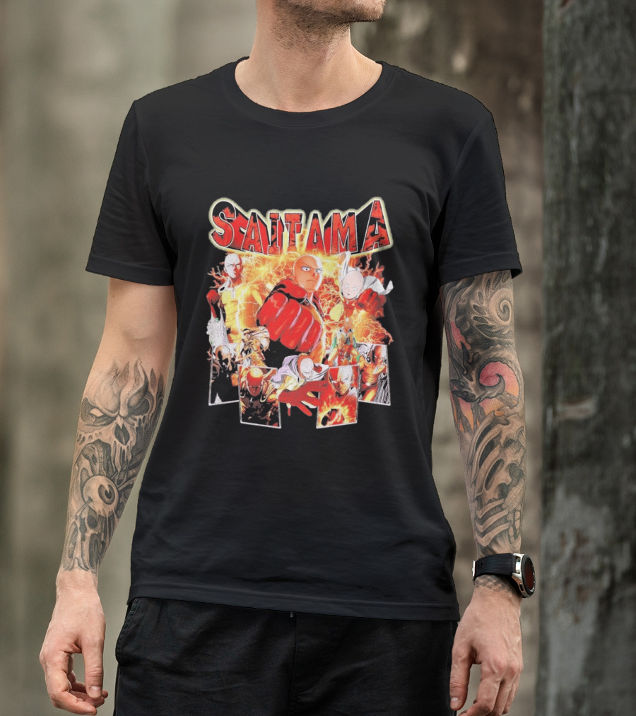 Saitama Hero Manga Character Collage With Lightning Fist T-Shirt