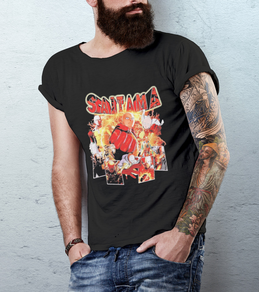 Saitama Hero Manga Character Collage With Lightning Fist T-Shirt