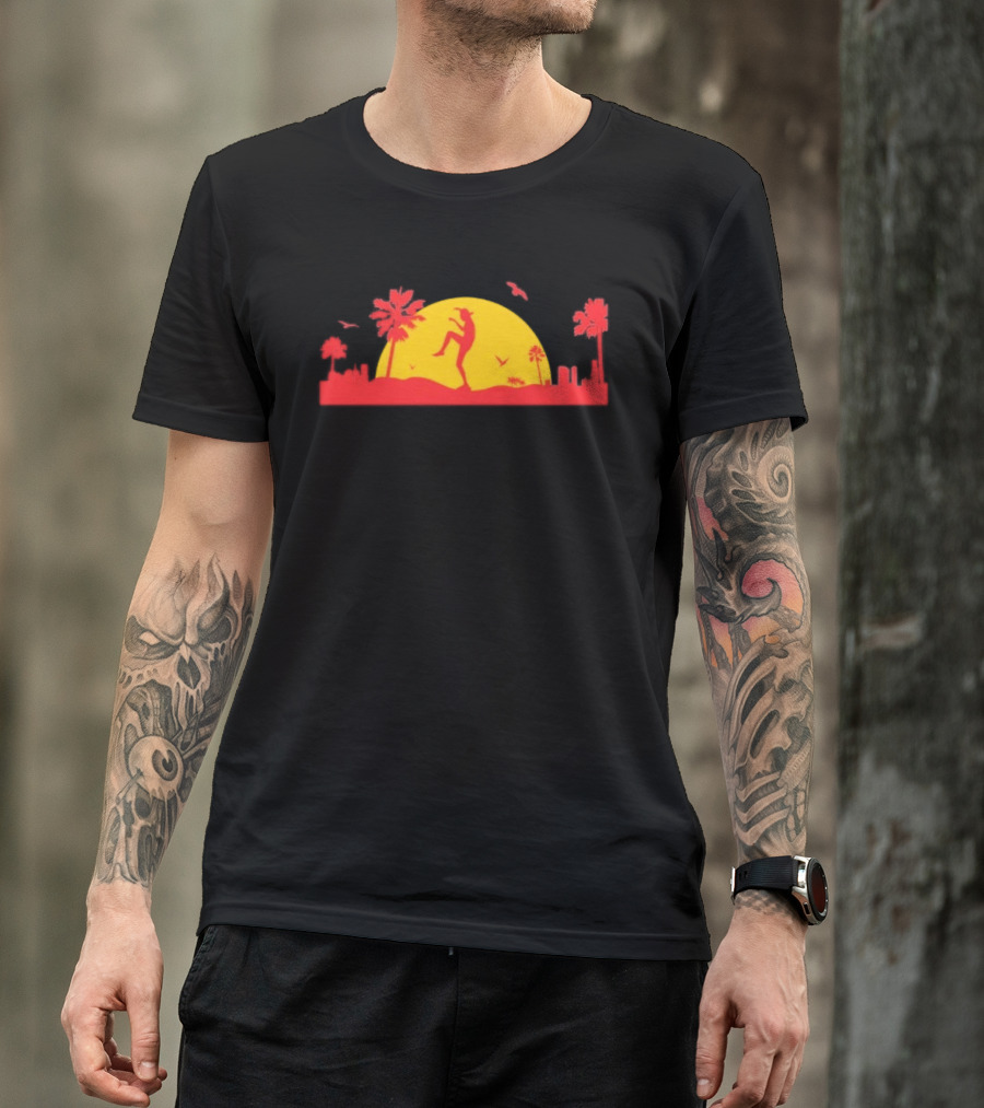 Cobra Kai Crane Kick Sunset Scene With Palm Trees And Birds T-Shirt