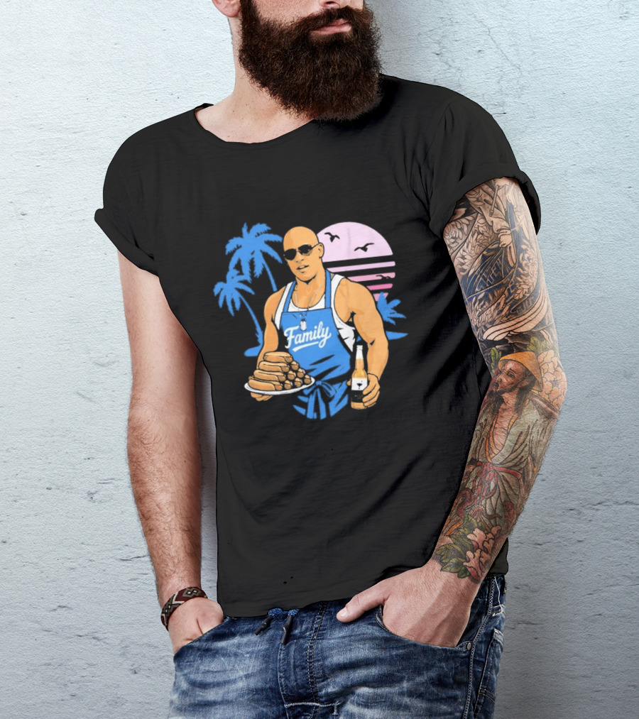 KCCO Family BBQ With Hot Dogs Palm Trees Sunset Birds T-Shirt