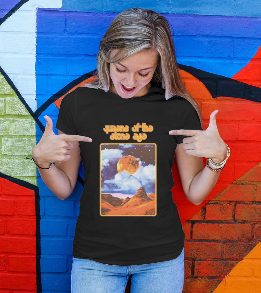 Queens Of The Stone Age Moon Landscape With Orange Cloudy Night Sky And Desert Scene T-Shirt