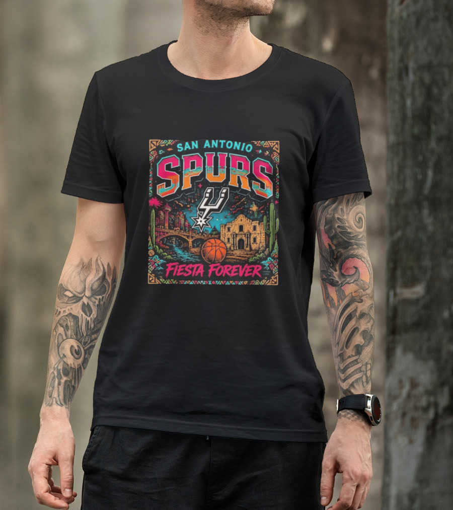 San Antonio Spurs Fiesta Forever Basketball Scenic Bridge And Mission T-Shirt