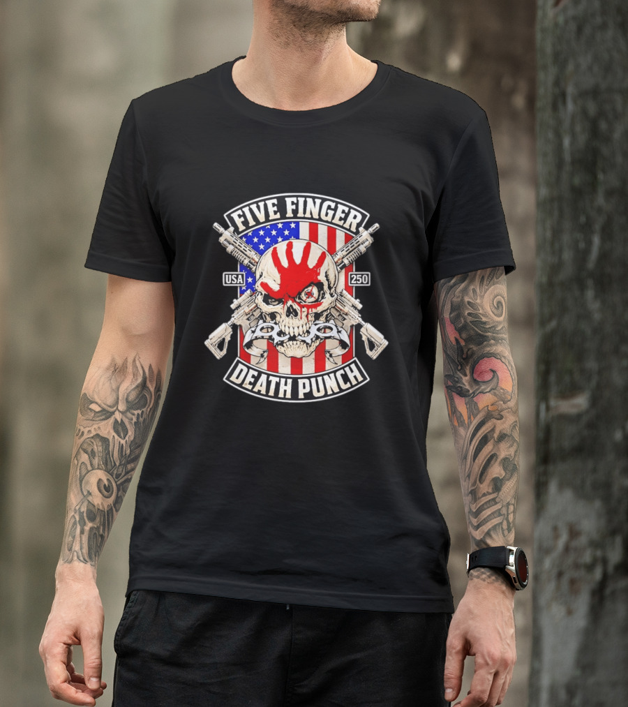 Five Finger Death Punch USA Skull With Guns And American Flag 250 July 4th T-Shirt