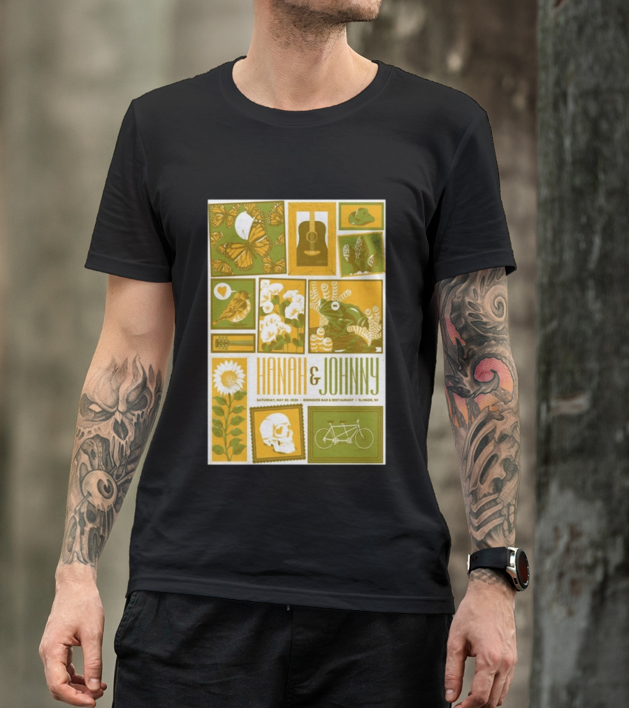 Hanah & Johnny May 30 2026 Ringer's Bar & Restaurant Slinger WI Butterfly Guitar Skull Bicycle Floral T-Shirt