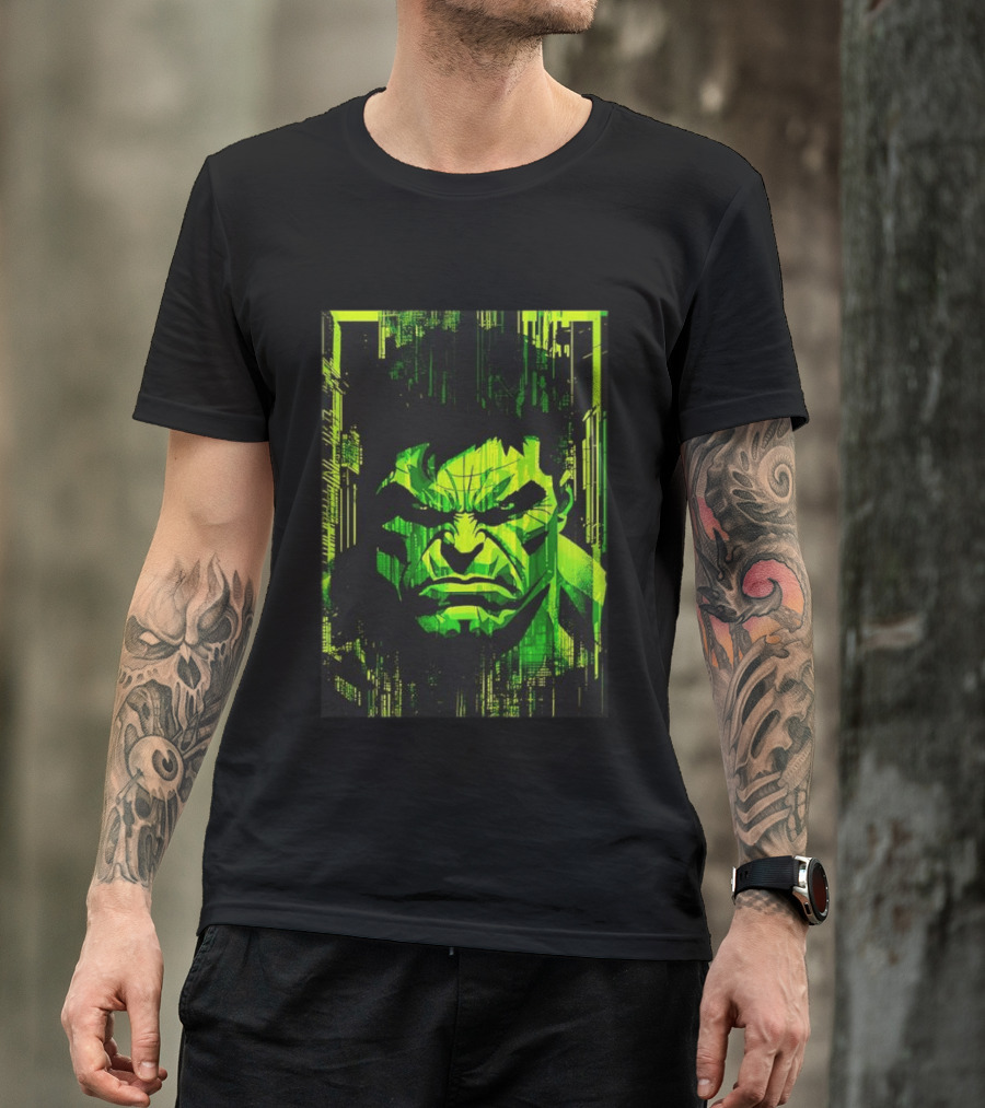 Hulk Glitch Digital Green Abstract Face T-Shirt