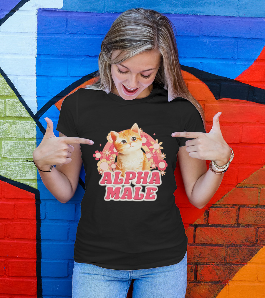 Alpha Male Kitten With Rainbow And Floral T-Shirt