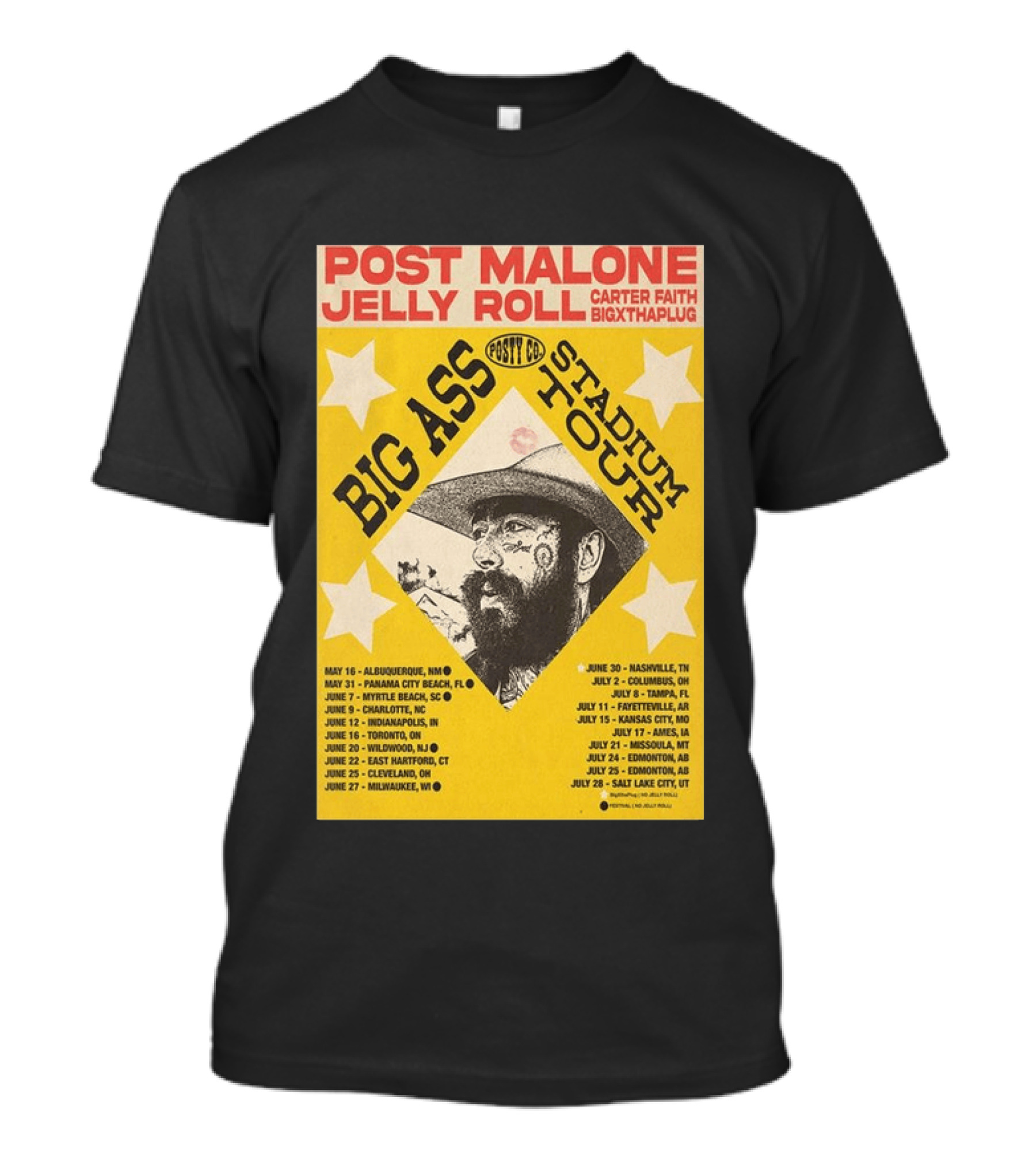 Post Malone Big Ass Stadium Tour Jelly Roll Carter Faith Dates And Locations T-Shirt