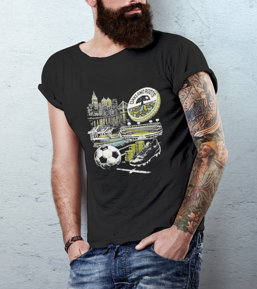 Oakland Roots Skyline Soccer Ball Stadium Ship And Coins T-Shirt