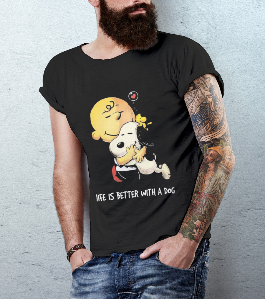 Snoopy Charlie Brown Life Is Better With A Dog Hugging Heart T-Shirt