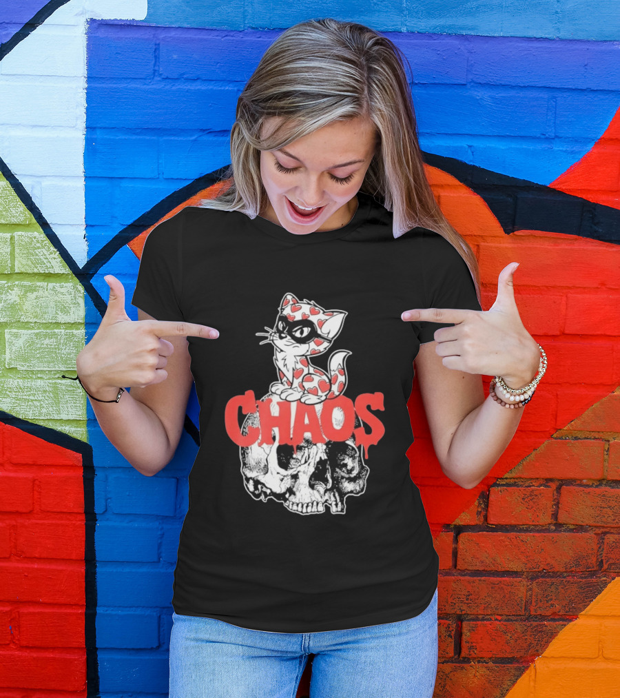 Chaos Cat Heart Pattern Masked Skull T-Shirt