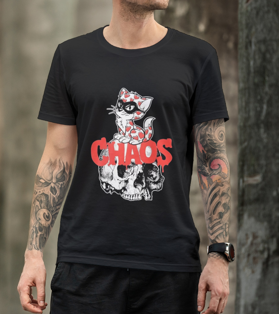 Chaos Cat Heart Pattern Masked Skull T-Shirt