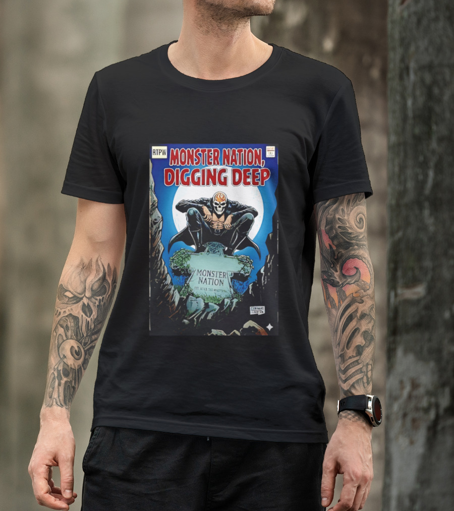 Monster Nation Digging Deep Comic Cover Tombstone Skeleton Superhero T-Shirt
