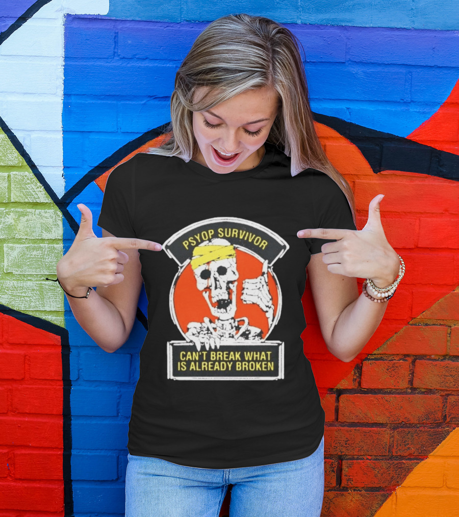Psyop Survivor Skeleton Can't Break What Is Already Broken Yellow Bandana Thumbs Up T-Shirt