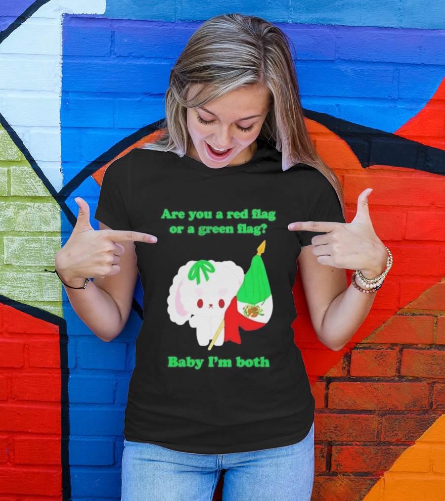 Nonomochi Mexico Flag Are You A Red Flag Or A Green Flag Cute Bunny Holding Mexican Flag T-Shirt