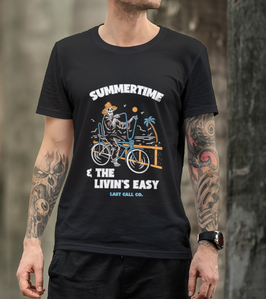 Summertime And The Livin's Easy Last Call Co Skeleton Bicycle Beach Scene T-Shirt