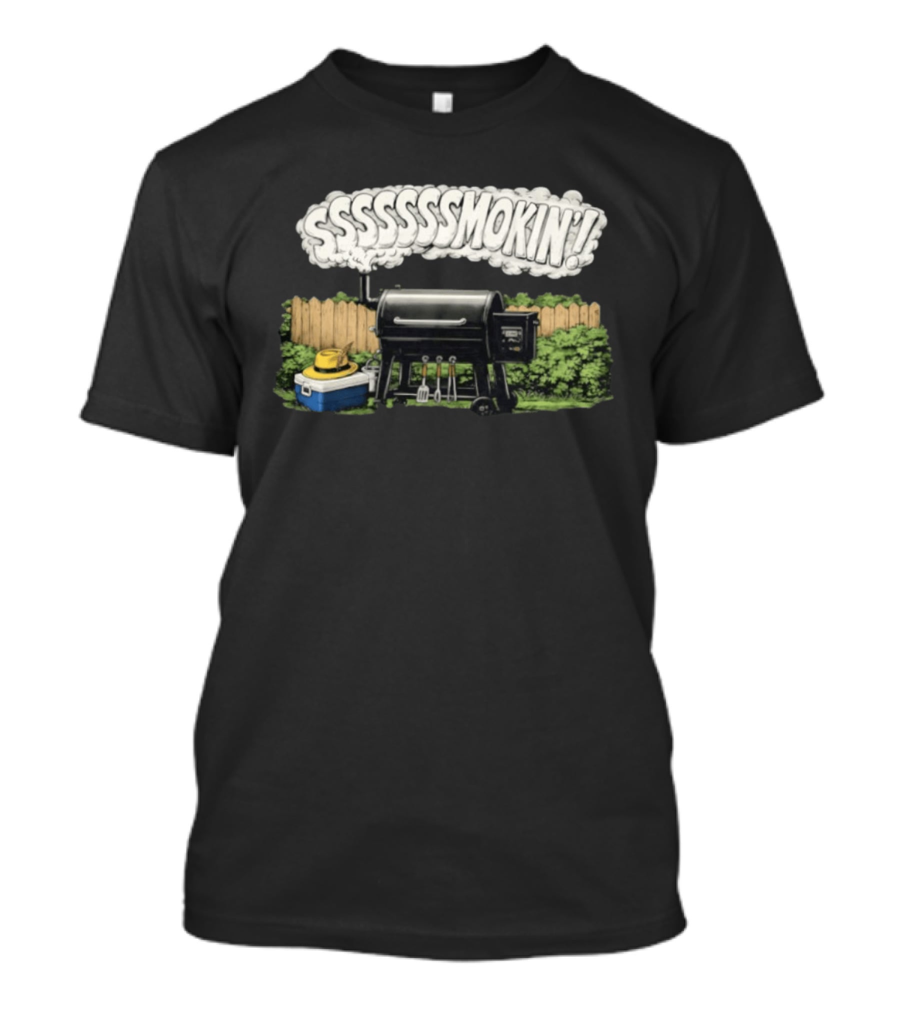 Ssssssmokin Pellet Grill Backyard Barbecue Scene T-Shirt