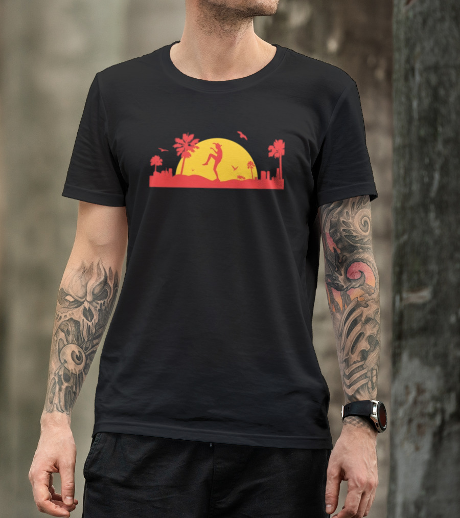 Sunset Crane Club Martial Arts Silhouette With Palm Trees And Birds T-Shirt
