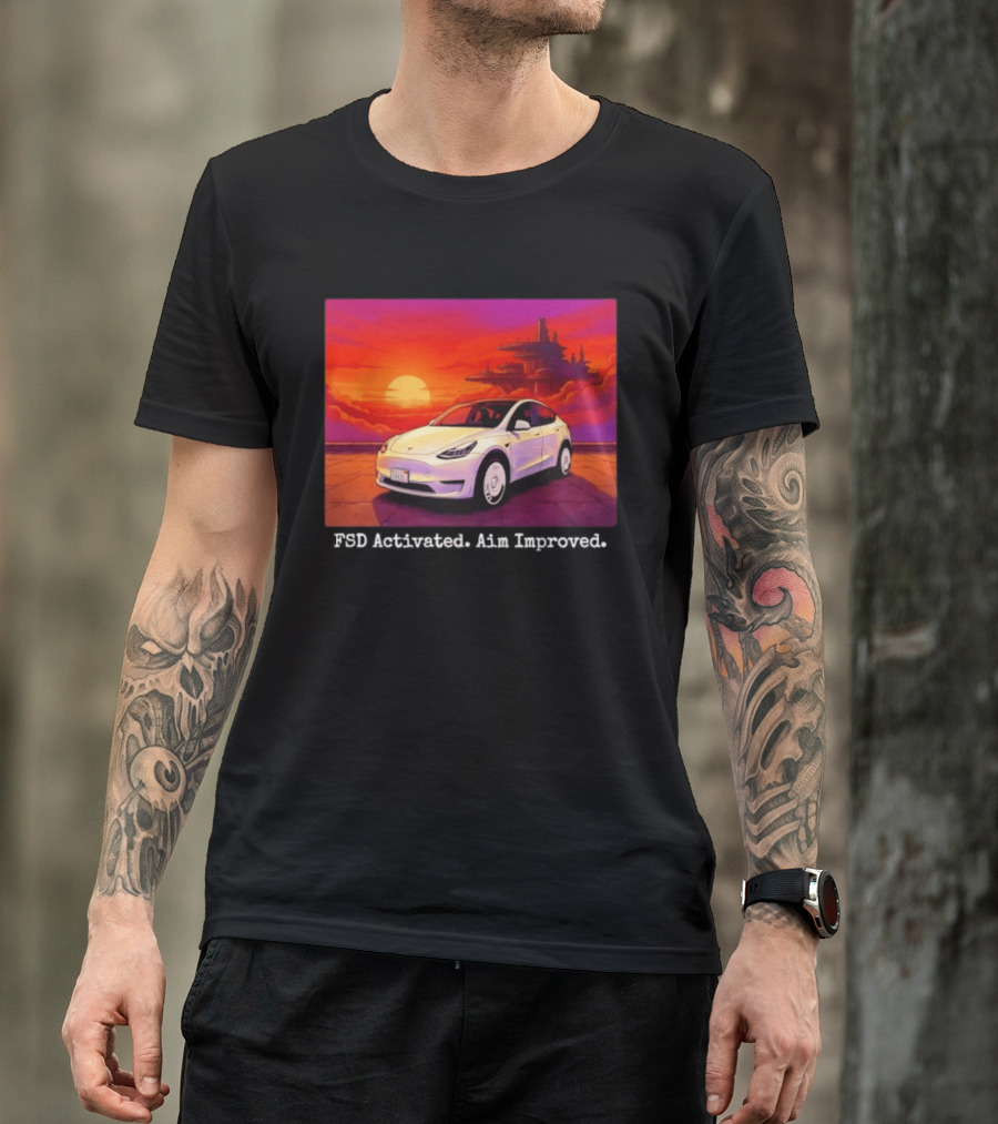 Tesla Model Y FSD Activated Aim Improved Sunset Futuristic City Scene T-Shirt