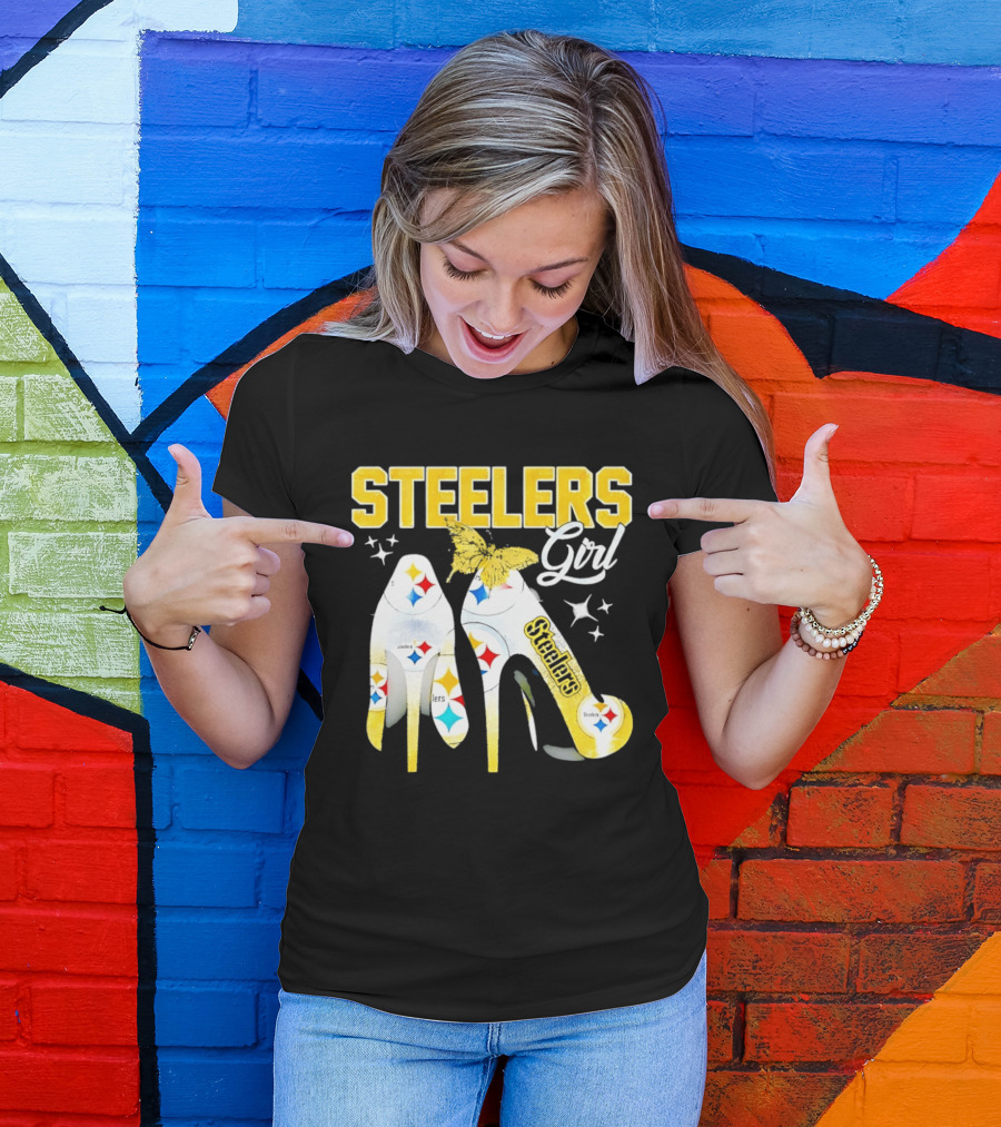Steelers Girl High Heels With Butterfly And Stars T-Shirt