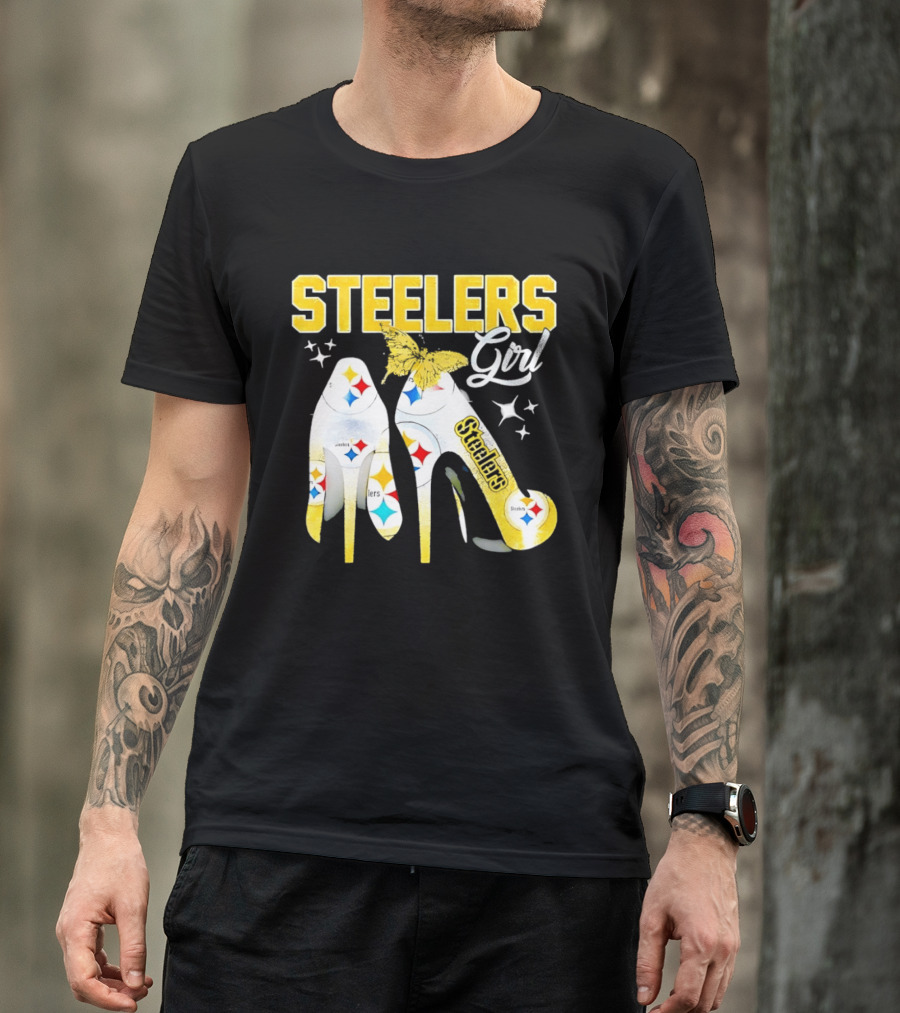 Steelers Girl High Heels With Butterfly And Stars T-Shirt