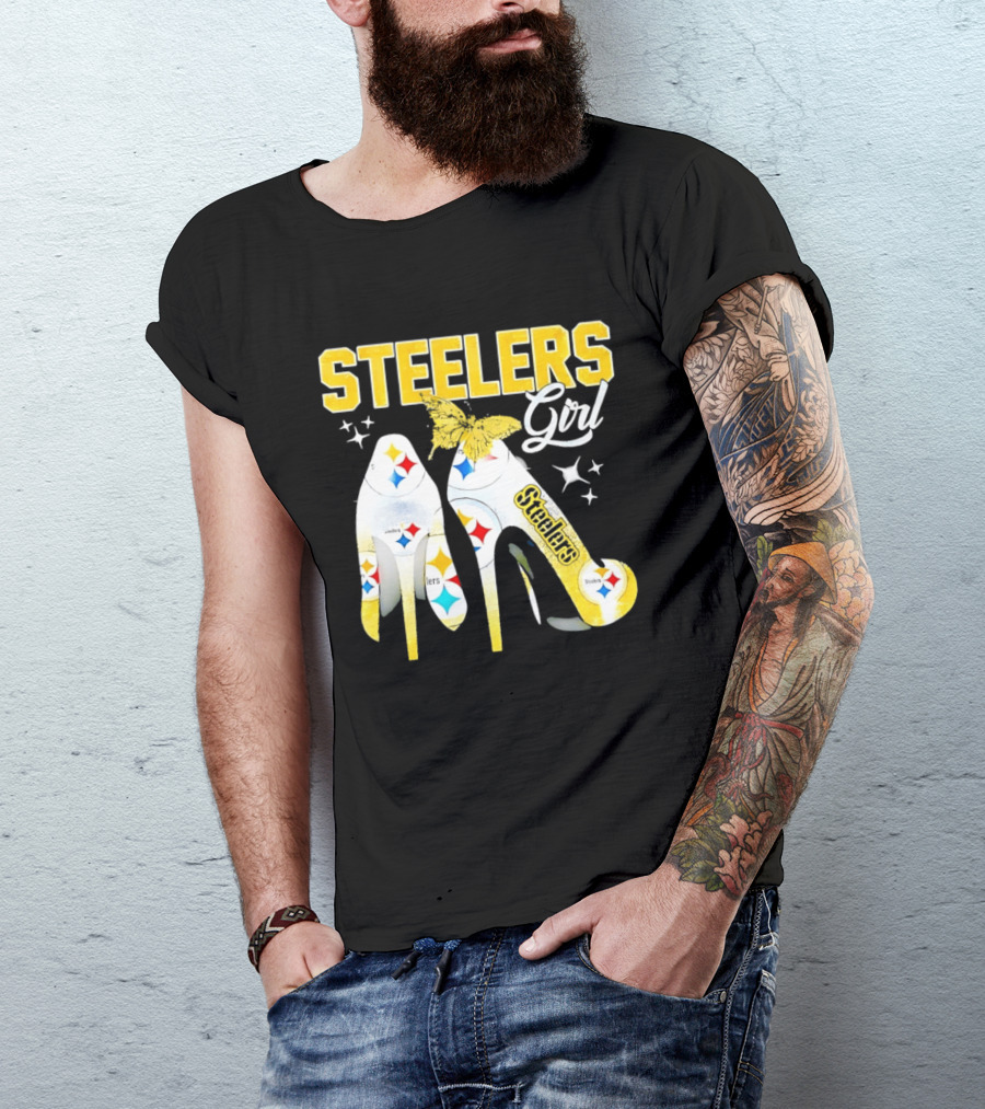 Steelers Girl High Heels With Butterfly And Stars T-Shirt