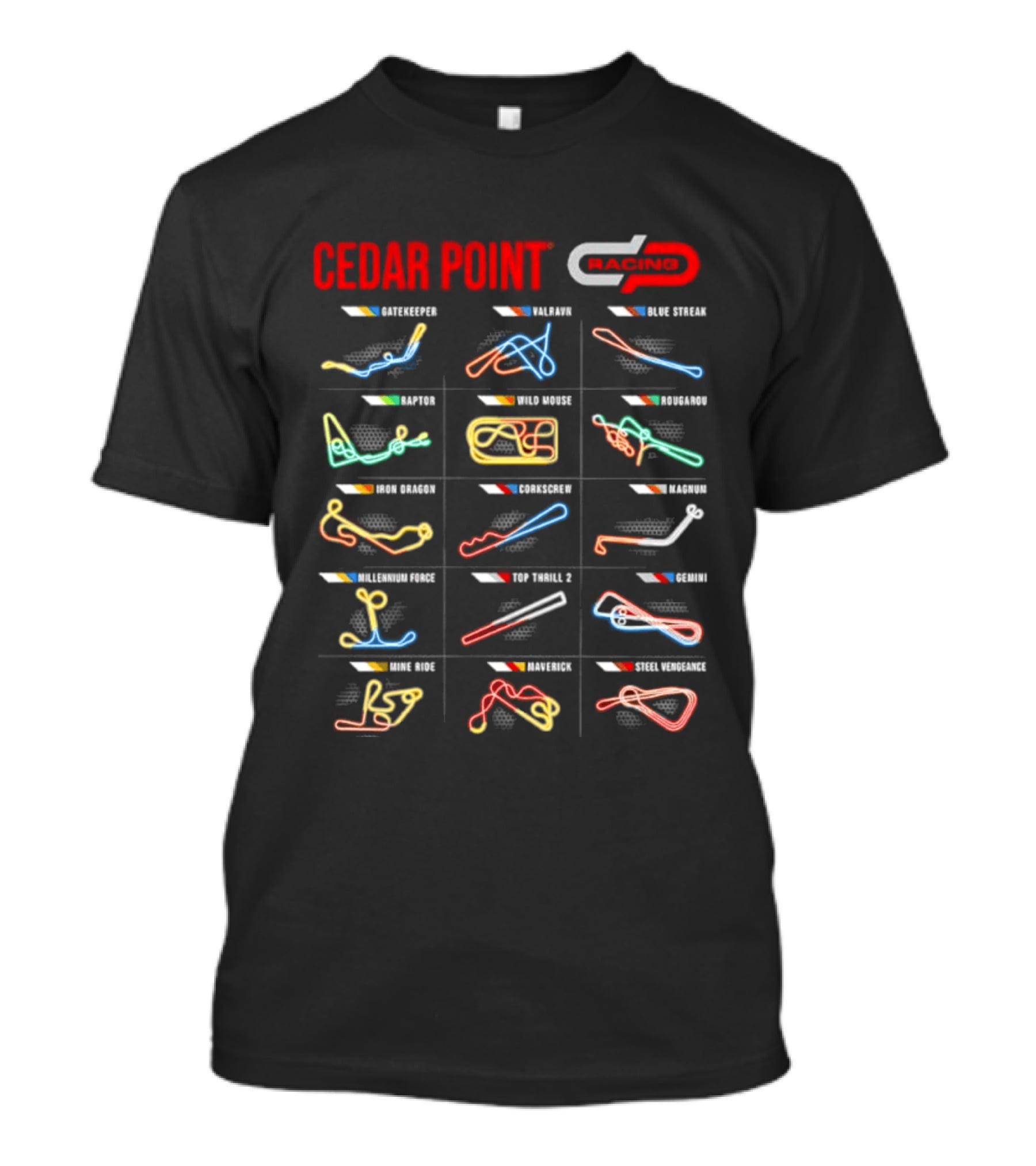 Cedar Point Racing Track Layouts Millennium Force Maverick Top Thrill Dragster T-Shirt