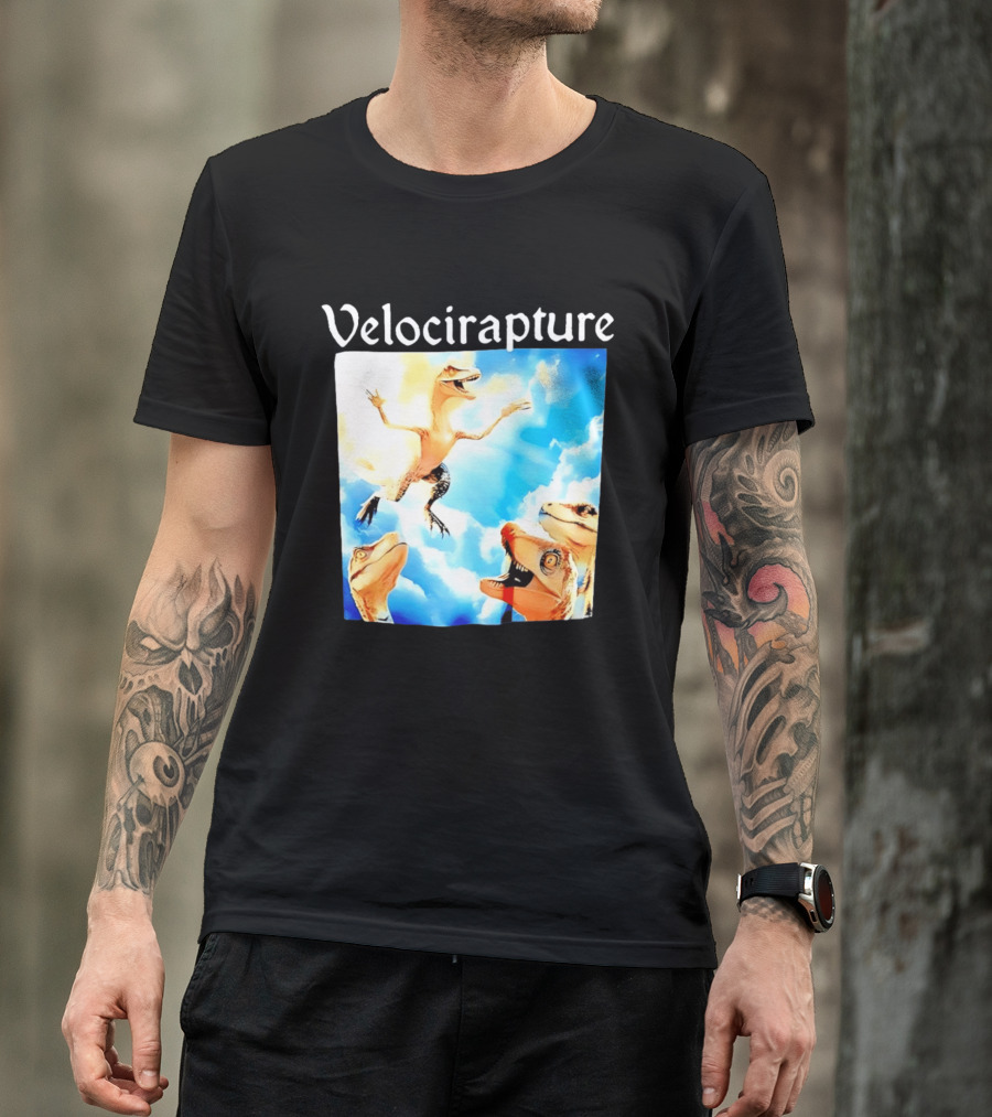 Velocirapture Dinosaur Raptor With Clouds And Blue Sky T-Shirt