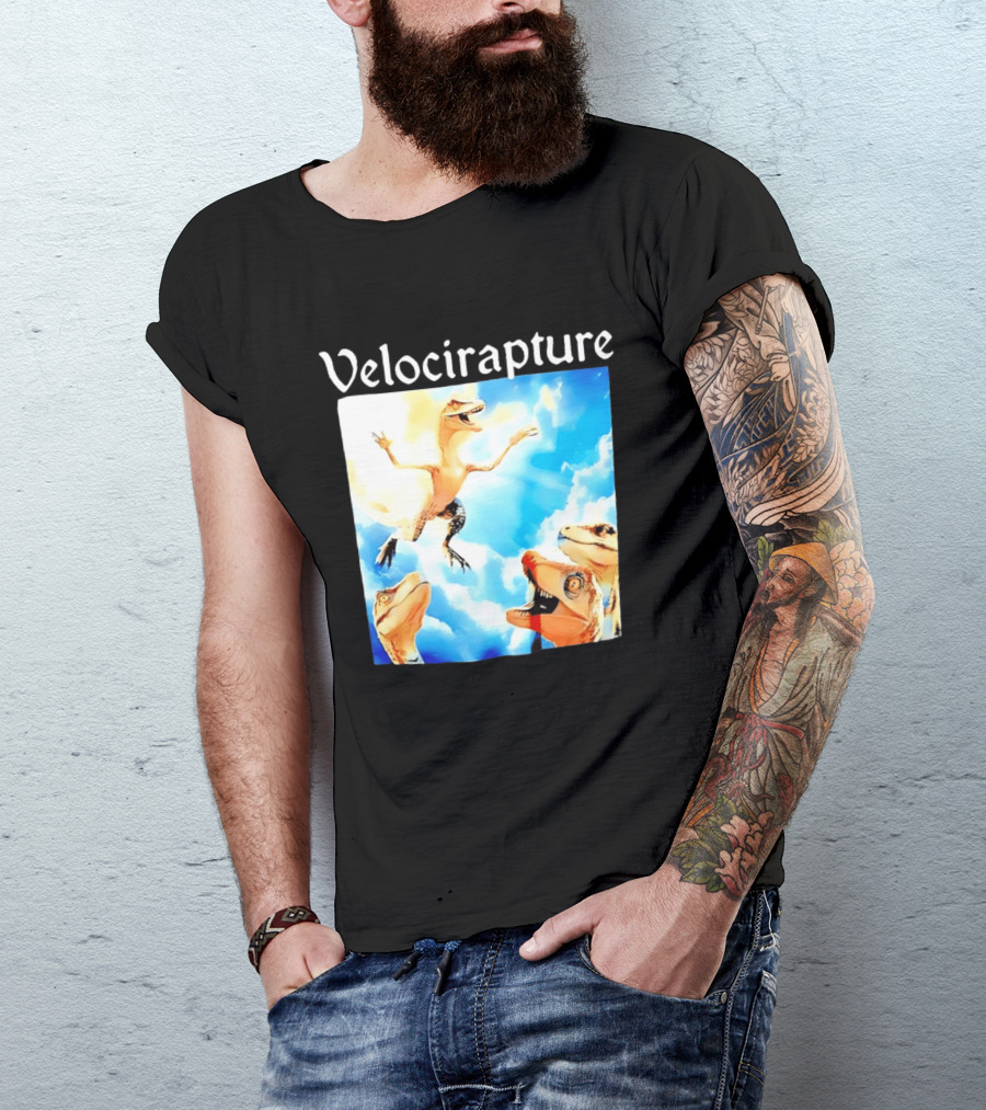 Velocirapture Dinosaur Raptor With Clouds And Blue Sky T-Shirt