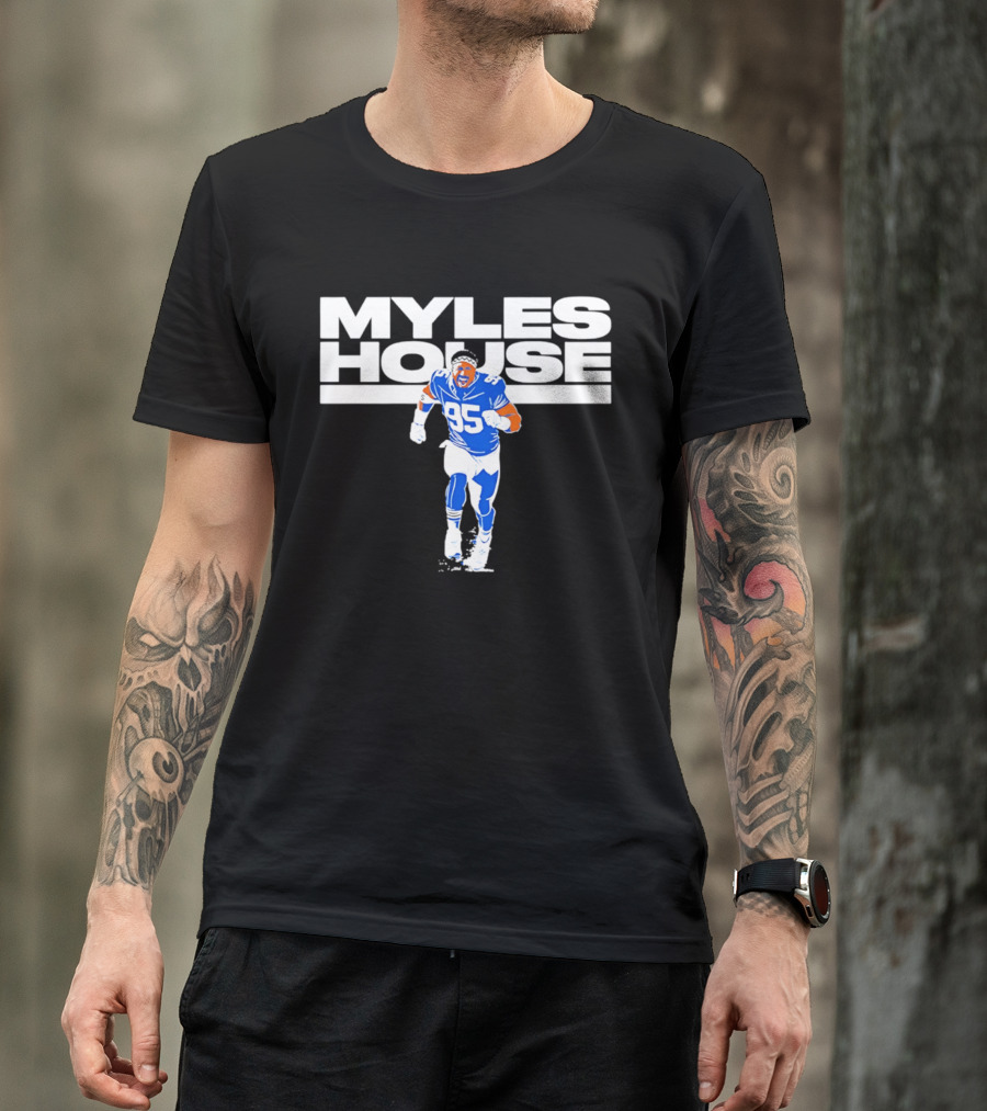 Myles Garrett Myles House 95 Football Player Blue And White T-Shirt