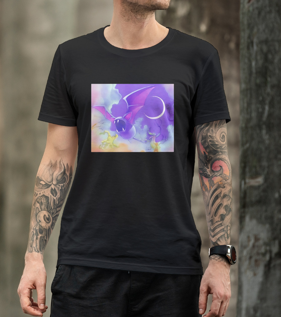 Spooky Bat With Pink Wings Flying Under Crescent Moon Halloween Night Scene T-Shirt