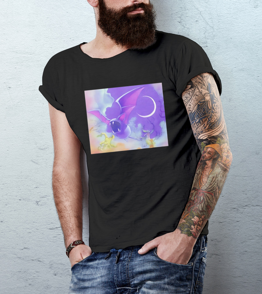Spooky Bat With Pink Wings Flying Under Crescent Moon Halloween Night Scene T-Shirt