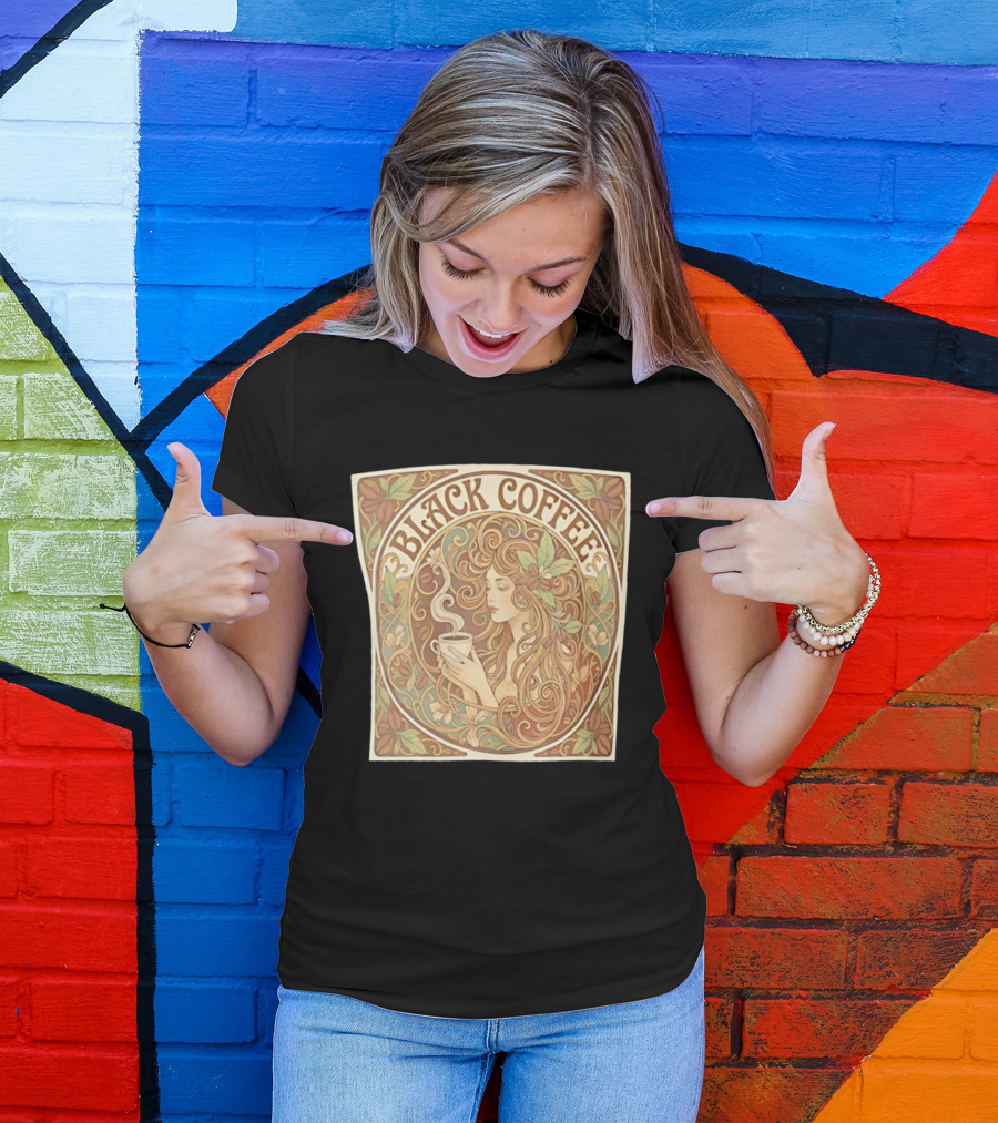 Black Coffee Nouveau Floral Steaming Art Deco T-Shirt
