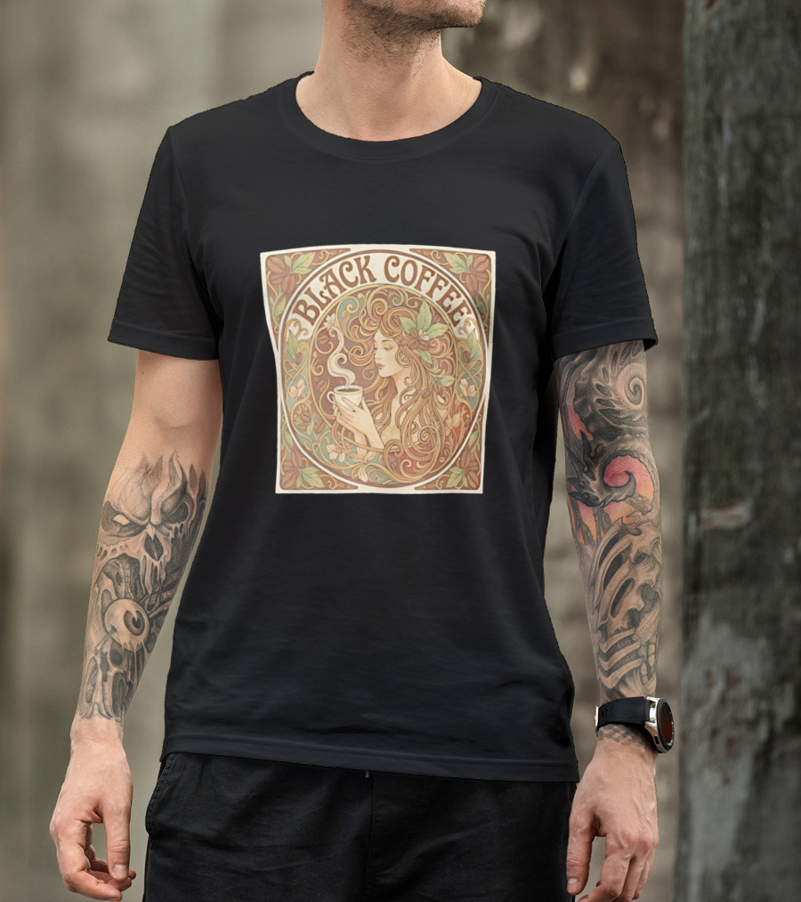Black Coffee Nouveau Floral Steaming Art Deco T-Shirt