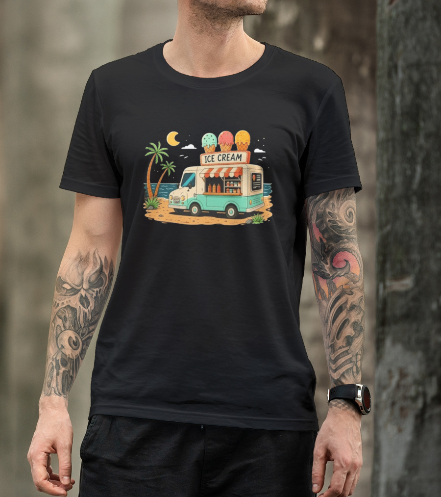 Ice Cream Truck Beach Night Tropical Ocean Summer Waves T-Shirt