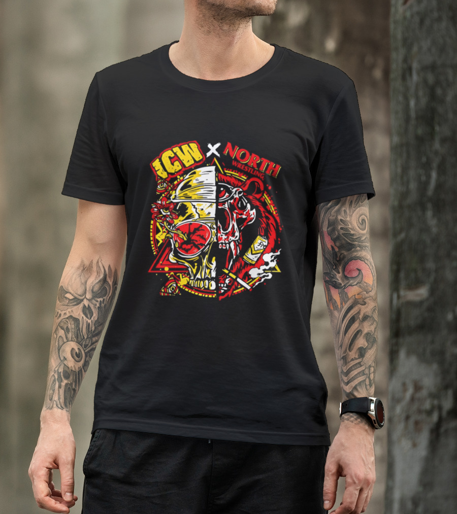 ICW X North Wrestling Split Skull Bear Head Concert Band T-Shirt