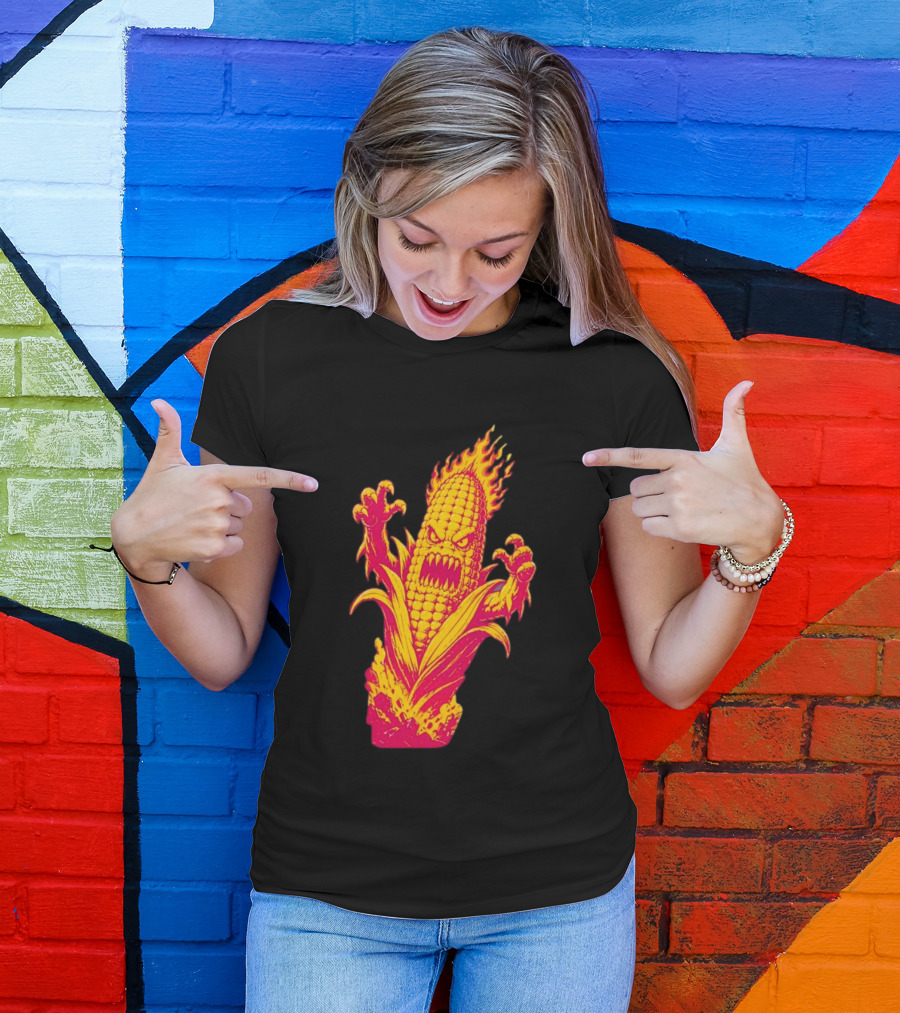 Fiery Mutant Corn Monster Kernels Of Terror Halloween Evil Cob T-Shirt