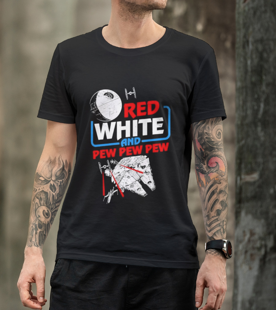Star Wars Millennium Falcon Red White And Pew Pew Pew Death Star Tie Fighter T-Shirt