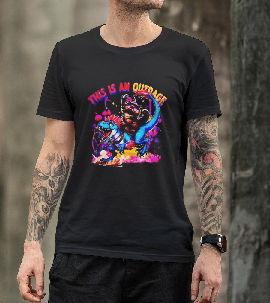 This Is An Outrage Cat Riding Blue Raptor Dinosaur Jurassic T-Shirt