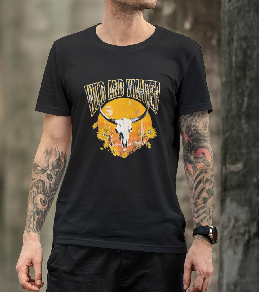 Wild And Wanted Bull Skull Sun Moon Desert Cactus Flowers Western Boho T-Shirt