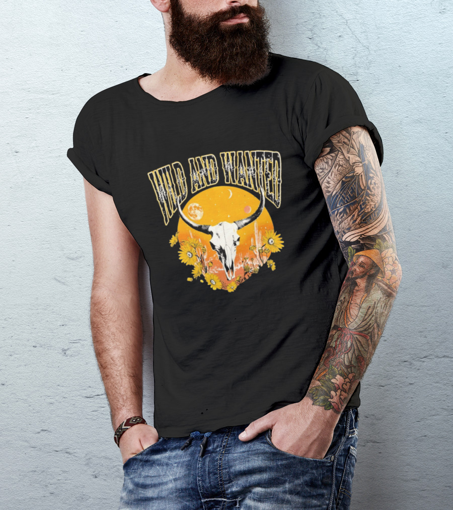Wild And Wanted Bull Skull Sun Moon Desert Cactus Flowers Western Boho T-Shirt