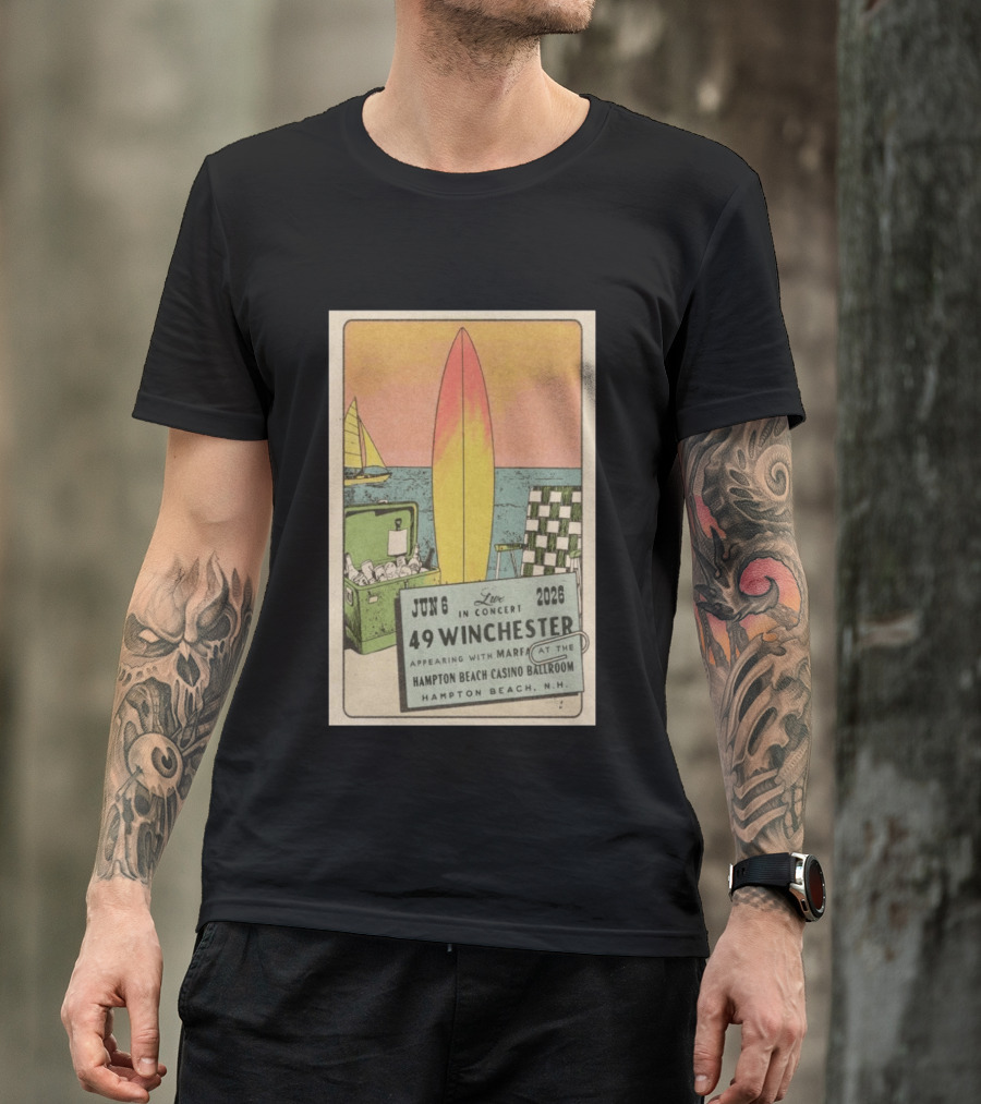 49 Winchester Live In Concert June 06 2026 Hampton Beach Casino Ballroom NH Appearing With Marfa Surfboard Ice Cooler Beach Scene T-Shirt