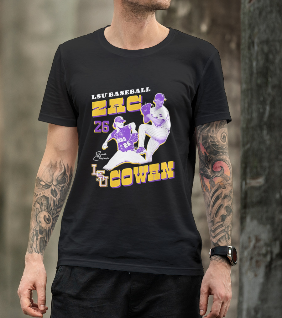 LSU Baseball Zac Cowan 26 Pitching Action Pose T-Shirt