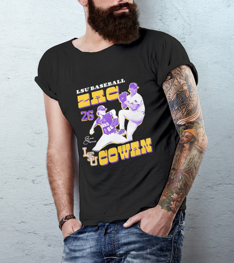 LSU Baseball Zac Cowan 26 Pitching Action Pose T-Shirt